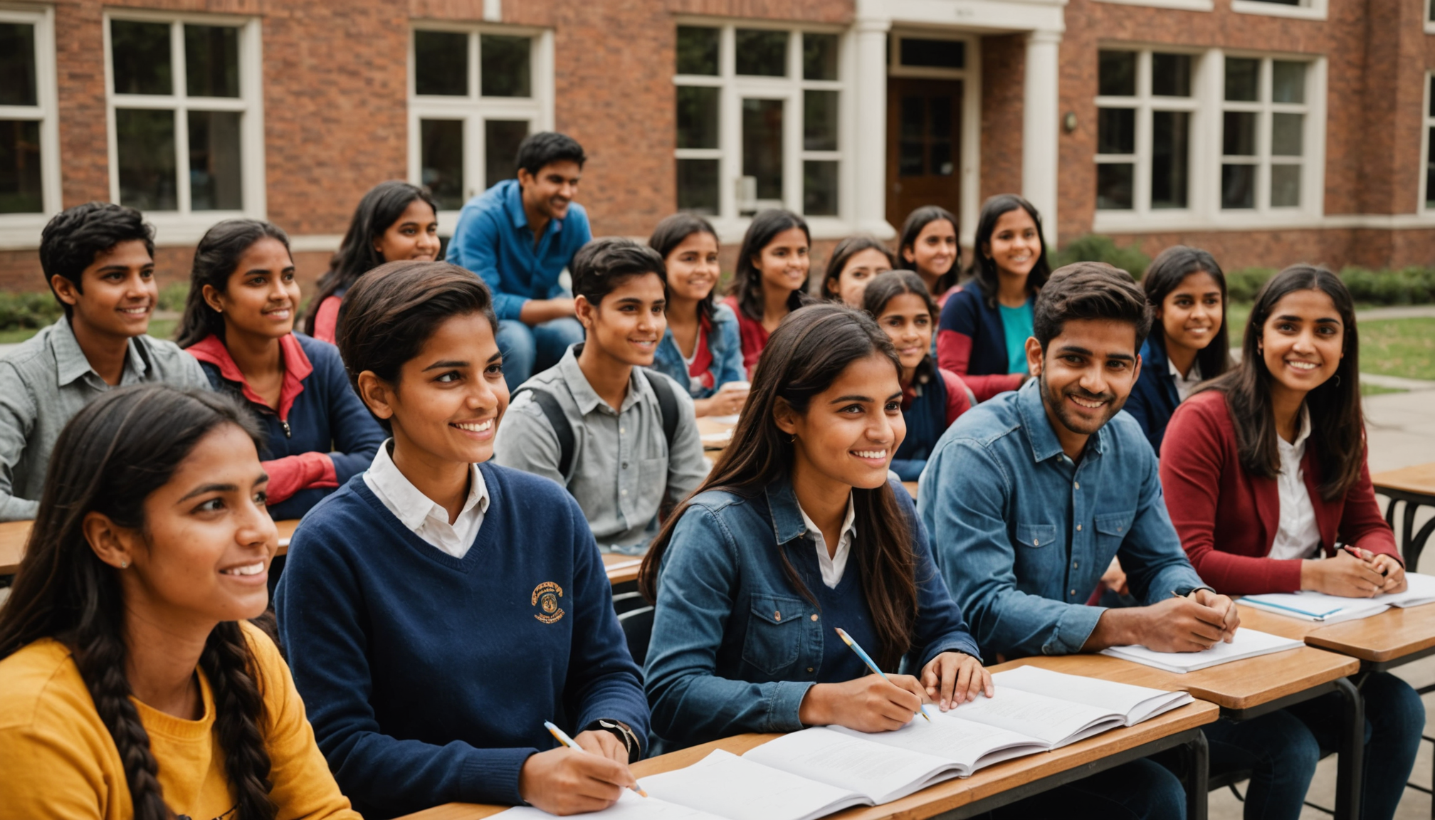 Students and teachers using transparent education crowdfunding platforms for schools on laptops in a bright modern classroom